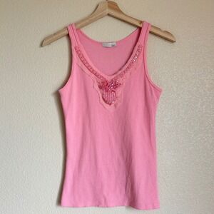 Y2K Sirens Size L Pink Ribbed Beaded Sequin Mesh Tank Top Fairy Britney Preppy